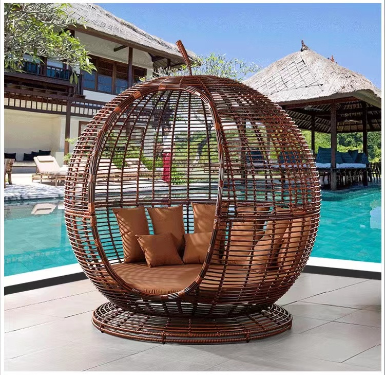 【Home&Garden】Outdoor bed apple bed rattan round bed Nordic villa swimming pool seaside vacation beach homestay rattan bed