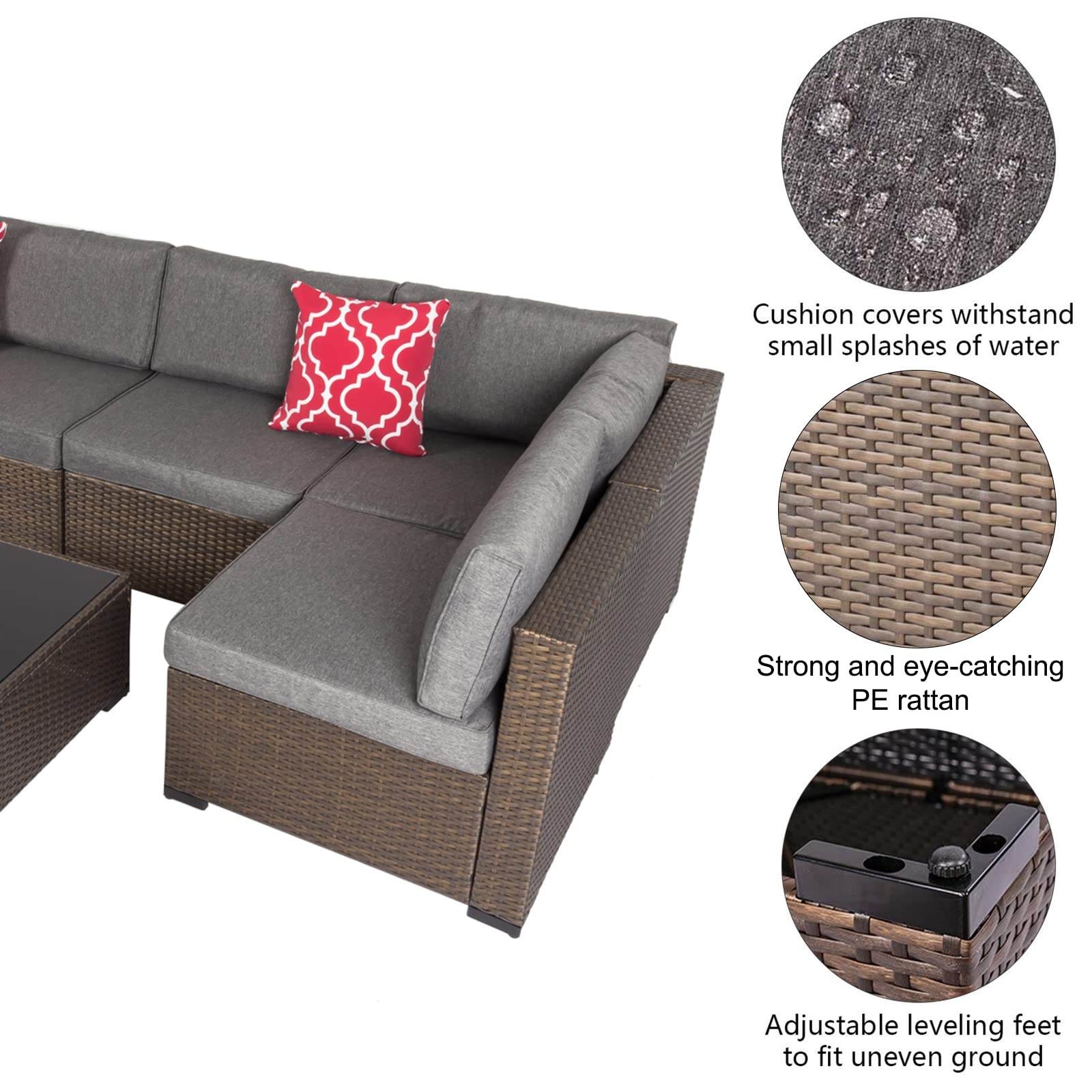【Furniture】Outdoor Furniture Set, 7 Pcs Sectional Patio Furniture, PE Rattan Coversation Sofa Set
