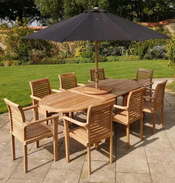 This teak garden dining set is amazing value - double extending table 1.8m to 2.4m, 8 x teak stacking chairs, free 3m parasol and cushions