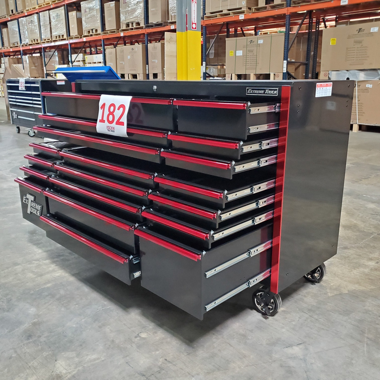 used toolboxShowroom Demo, Extreme Tools RX Series 72 19 Drawers 25 Deep Roller Cabinet, Black-Red, 150 lbs. Slides