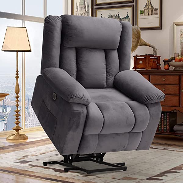 BINGTOO Power Lift Recliner Chair with Massage and Heat, Electric Fabric Vibration Massage Sofa for Elderly/Adult for Living Room, Lounge Sofa with Remote Control & USB, Velvet Blue