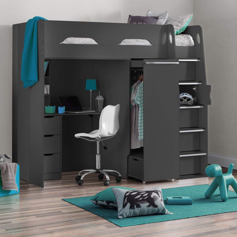 【Furniture】High Sleeper Storage Bed, Pegasus Wood Modern Desk Wardrobe Drawers Cupboards Loft Bunk Frame