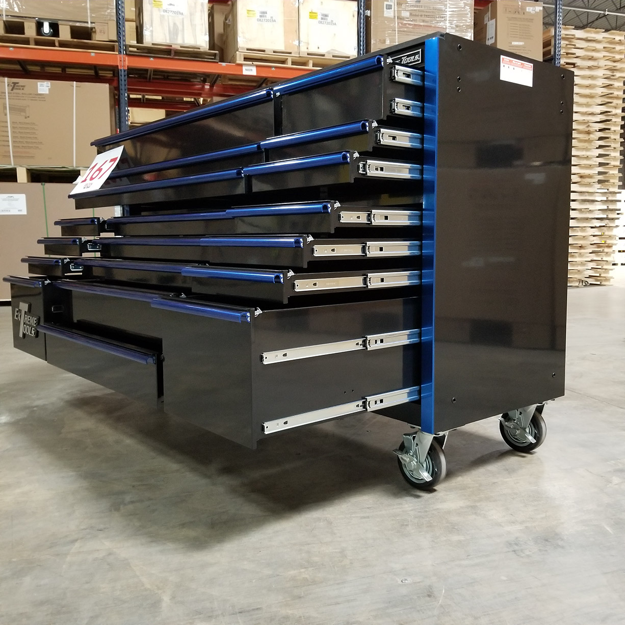 used toolboxShowroom Demo, Extreme Tools RX Series 72 19 Drawers 25 Deep Roller Cabinet, Black-Blue, 150 lbs. Slides