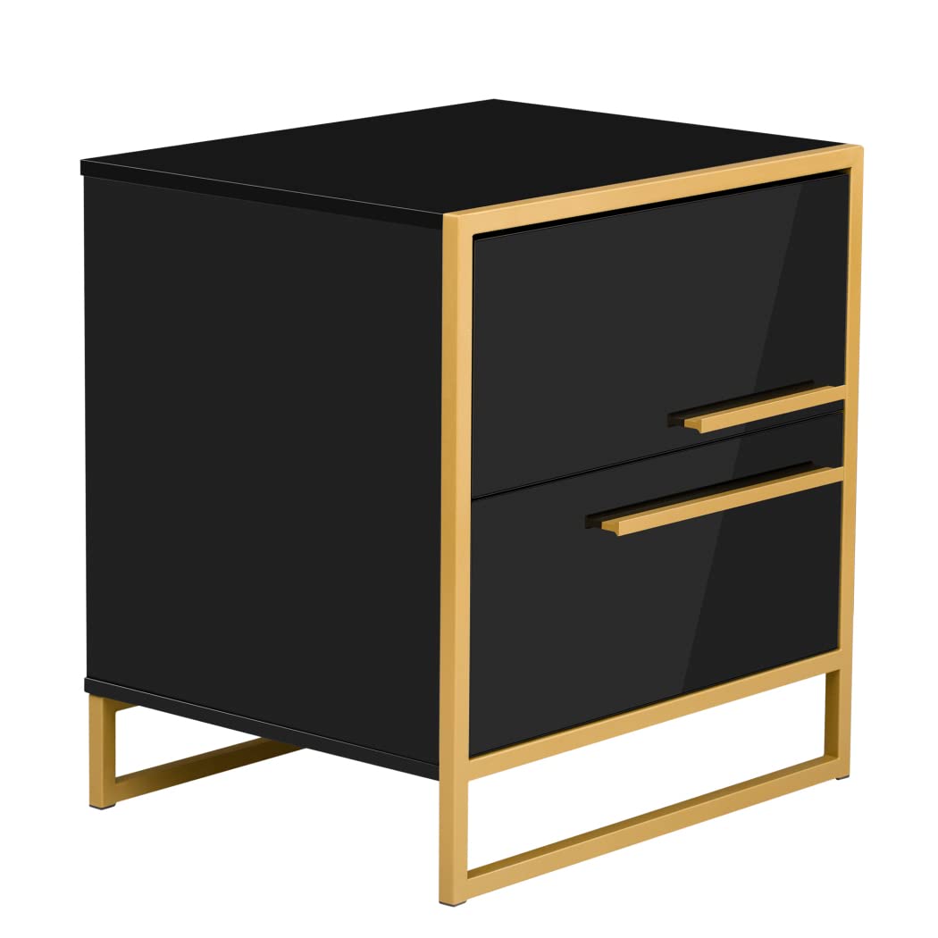 【Furniture】Nightstand with 2 Storage Drawers, Bedside Table with Gold Legs, End Table-Black
