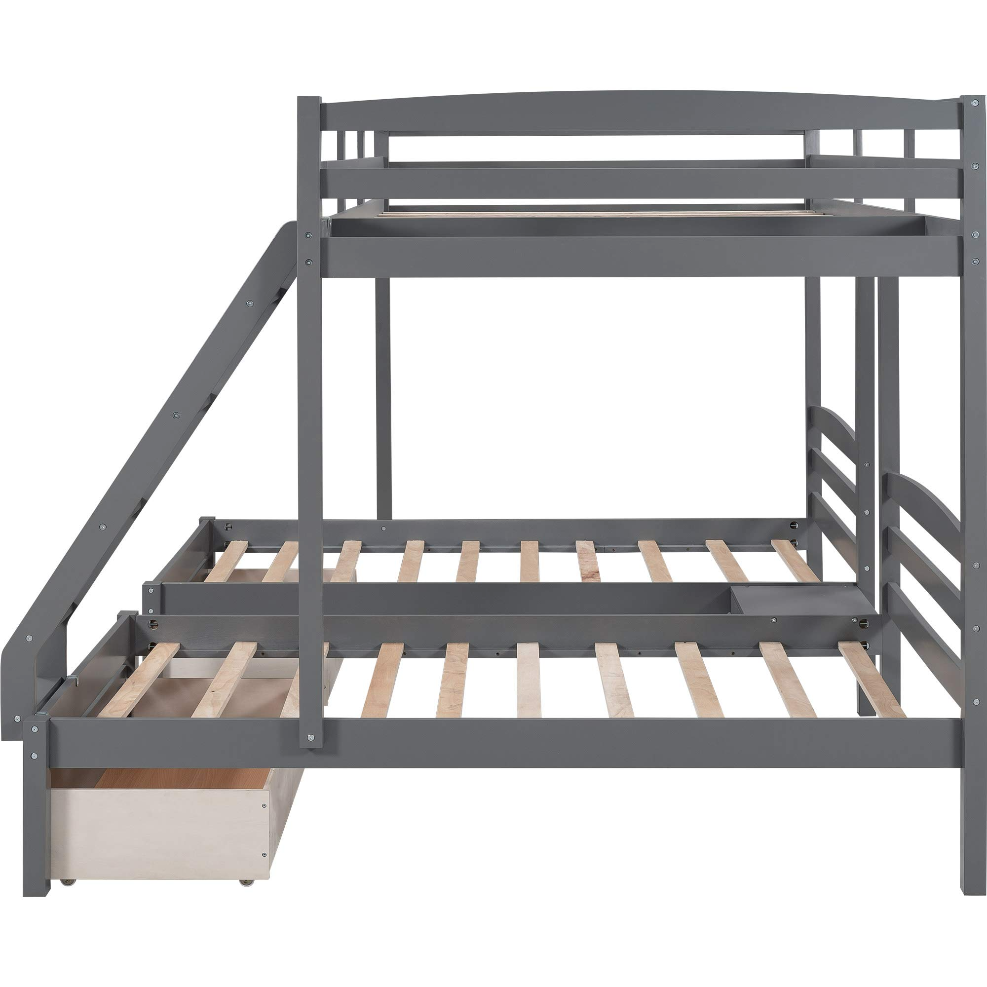 【Furniture】Triple Bunk Bed Full Over 2 Twin Bunk Bed with 3 Drawers & Guardrails, Bunk Bed for Family, Teens