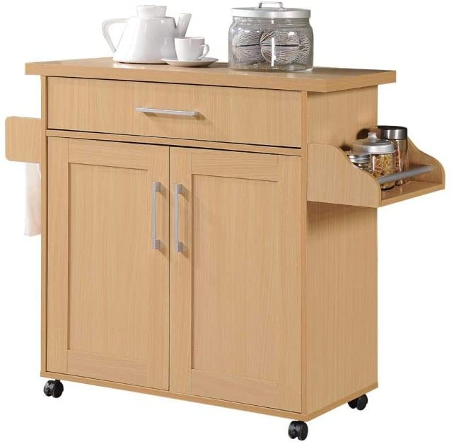 Hodedah Kitchen Island with Spice Rack, Towel Rack & Drawer, Black with Beech Top