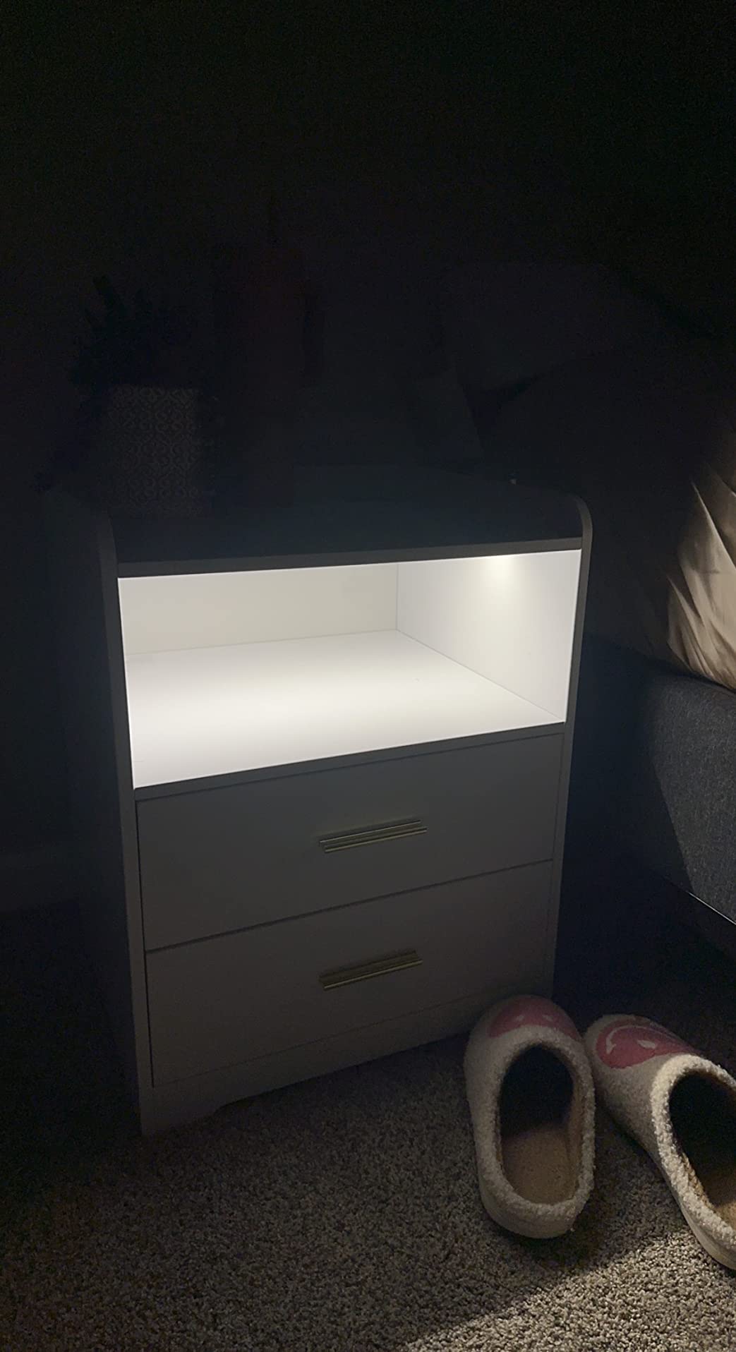 【Furniture】Black Nightstand with Charging Station, Night Stands with 2 Drawers, Smart Nightstand Bedside Table Led