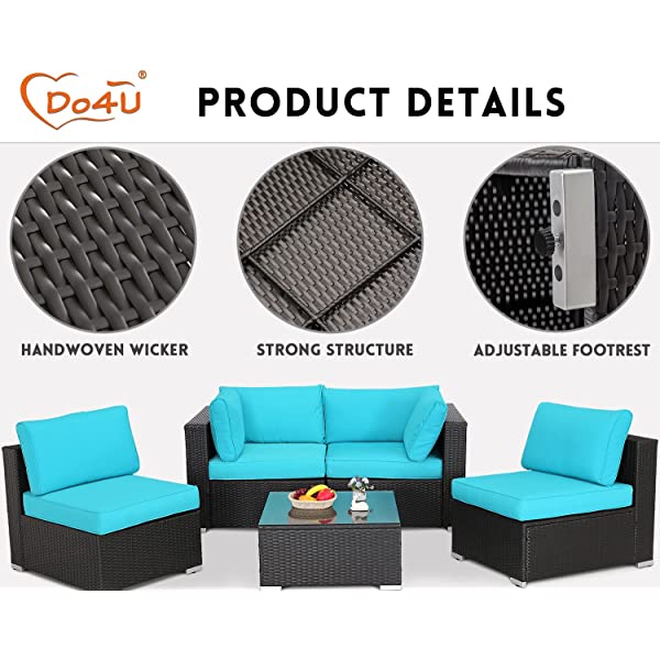 Do4U 5 Pieces Outdoor Patio Furniture Set PE Rattan Patio Set Porch Furniture Cushioned Patio Chairs Set Patio Conversation Set for Garden Balcony Porch Poolside Lawn (Blue)