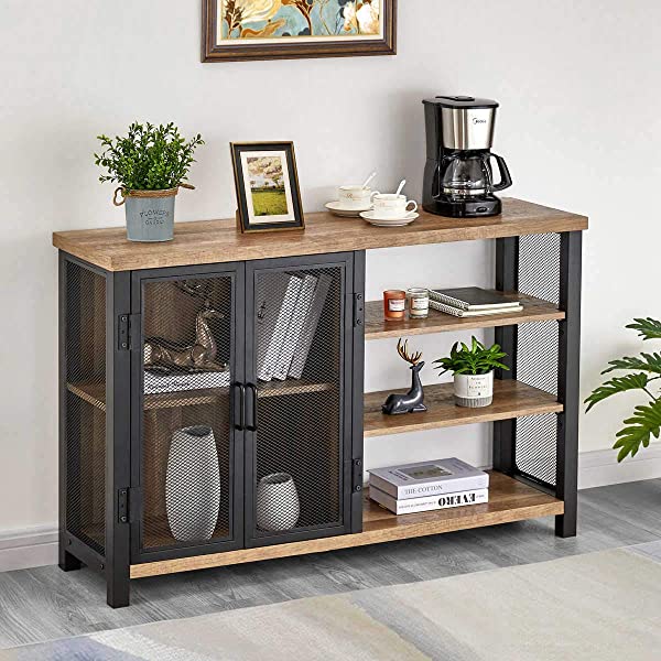 BON AUGURE Industrial Bar Cabinet for Liquor and Glasses, Rustic Wood and Metal Wine Rack Table,  Accent Sideboard Buffet with Doors (47 Inch, Vintage Oak) Wine Cabinet