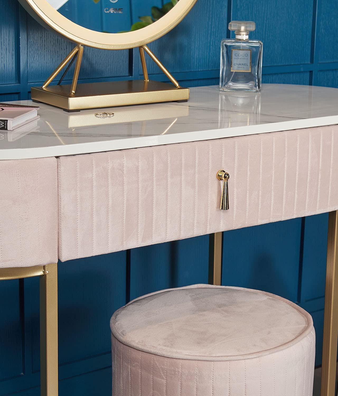 【Furniture】Velvet Dressing Table with LED Light Mirror Touch Sensor 1 Drawer Stool Set Bedroom Modern Dresser