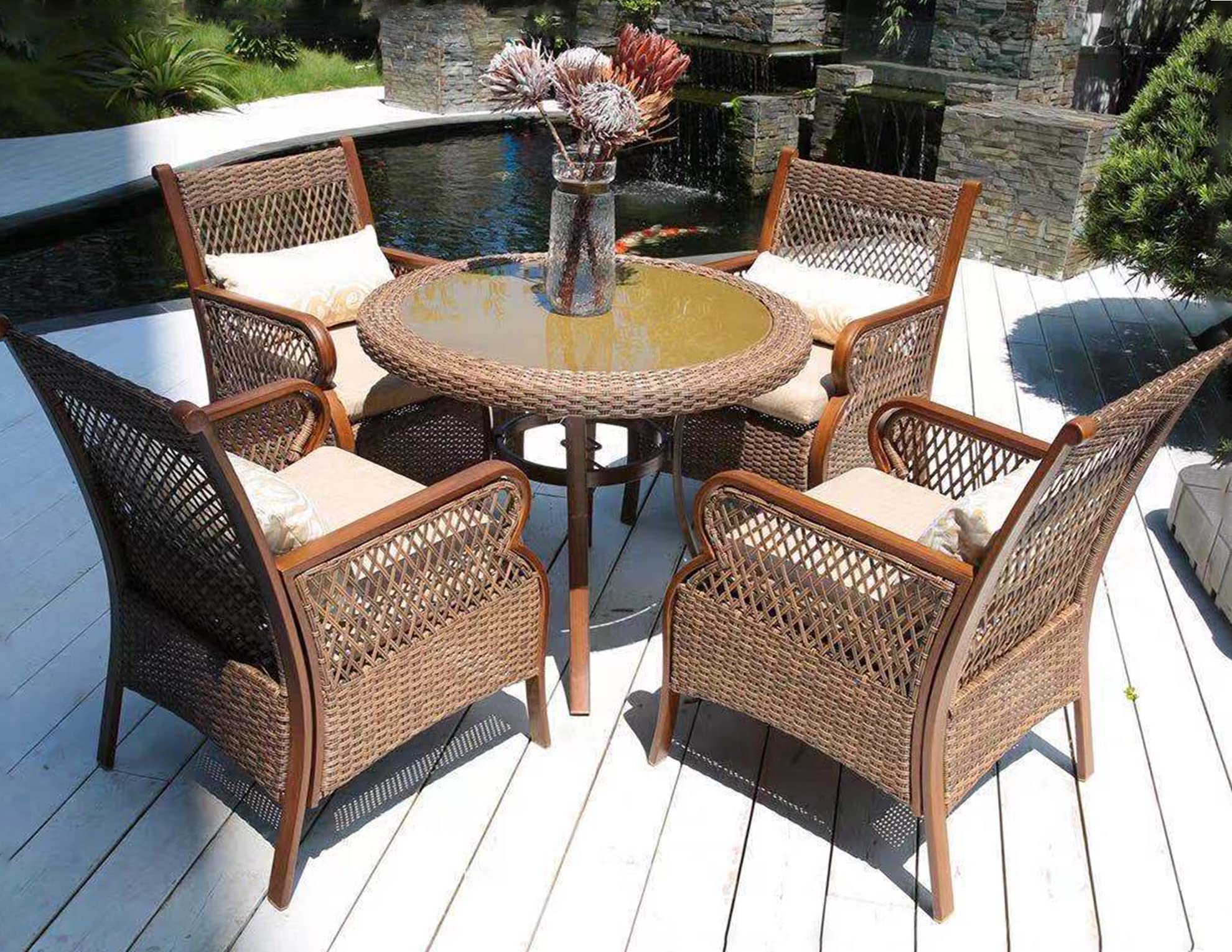 【Furniture】Outdoor Patio Dining Set for 4 Wicker Patio Furniture Sets with Aluminum Frame Round Dining Table