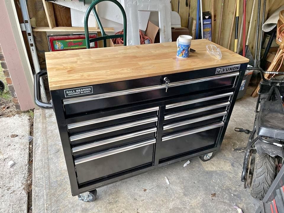 46 in. 9 Drawer Mobile Storage Cabinet with Solid Wood Top.