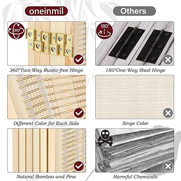 oneinmil Bamboo Room Divider, Semi-Private Folding Portable Partition Screen with Two-Way Hinge, Handmade Bamboo and Wood, 6 Panel