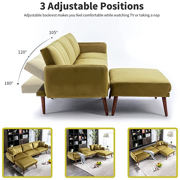 JOMEED Convertible Sectional Sofa Bed with Adjustable Backrest Modern Velvet Fabric L-Shaped Couch with Extra 2 Pillows Wide Chaise Lounge for Living Room (Orange)