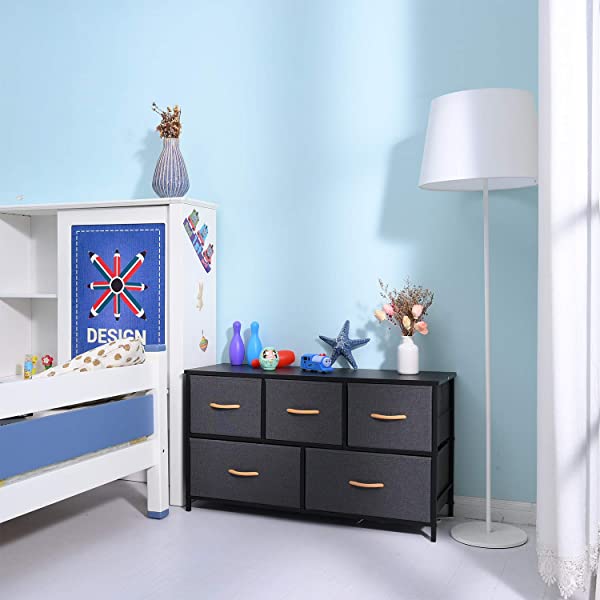 ROMOON Dresser Organizer with 5 Drawers, Fabric Storage Drawer Unit, Dresser Tower for Bedroom, Hallway, Entryway, Closets, Nursery - Wide Espresso