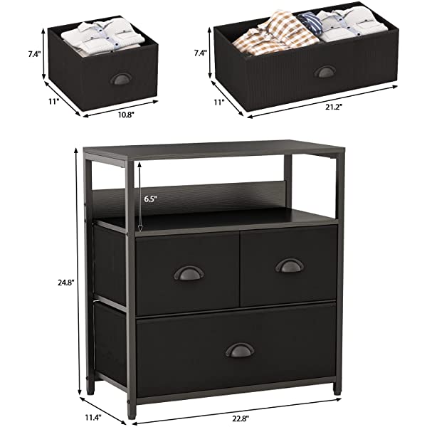 Furologee Nightstand with 3 Drawers, Dresser with Storage Shelf, Bedside Table/Closet Organizer, Rustic Fabric Linen Bins & Wooden Top for Bedroom, Hallway, Hotel (Rustic Brown)