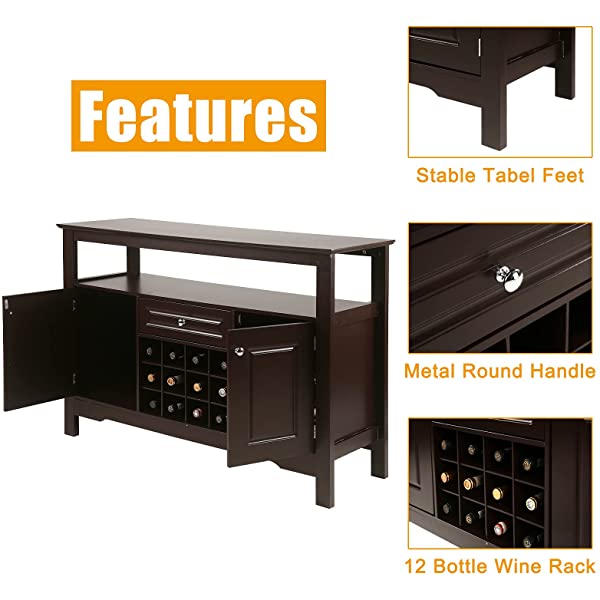 Apepro Sideboard Wine Cabinet Buffet Kitchen Buffet Bar Cabinet with Drawers and 12-Bottle Wine Rack, Dining Buffet Table Storage Buffet Cabinet for Living Room and Home