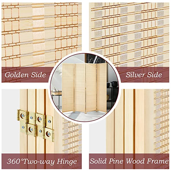 oneinmil Bamboo Room Divider, Semi-Private Folding Portable Partition Screen with Two-Way Hinge, Handmade Bamboo and Wood, 6 Panel