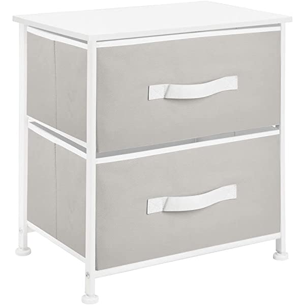 mDesign Storage Dresser End/Side Table Night Stand Furniture Unit - Small Standing Organizer for Bedroom, Office, Living Room, and Closet - 2 Drawer Removable Fabric Bins - Gray/White Grey