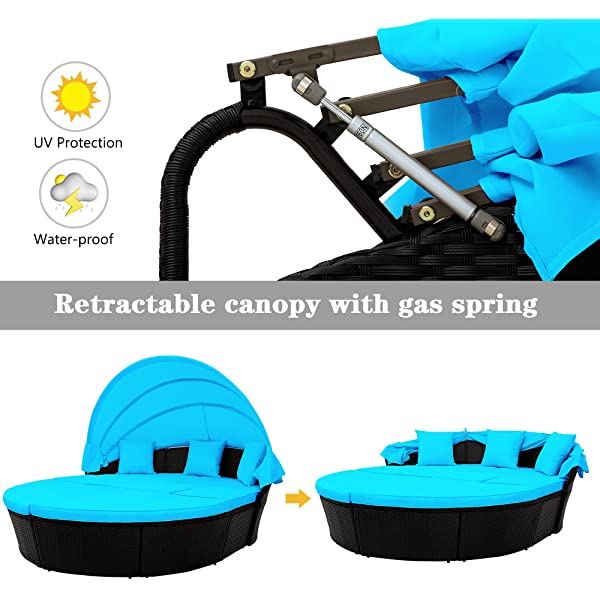 Merax All-Weather Outdoor Sectional Sofa Conversation Set Rattan Daybed Sunbed with Retractable Canopy, Separate Seating and Removable Blue Cushions Brown+blue