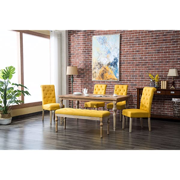 Roundhill Furniture Habitanian 6-Piece White Wash Dining Set with Tufted Chairs and Bench, Beige