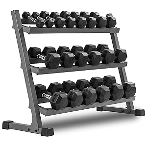XMark 10 pair of hex dumbbells ranging in weight from 5 lb to 50 lbs on a three tier dumbbell rack