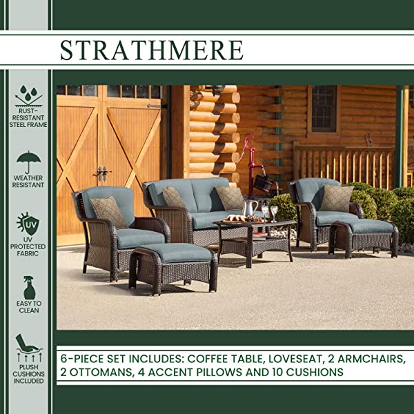 Hanover Strathmere 6-Piece Outdoor Patio Conversation Set, 2 Side Chairs with Ottomans, Loveseat and Tempered Glass Coffee Table, with Hand-Woven Wicker and Thick Cilantro Green Cushions, STRATHMERE6PC