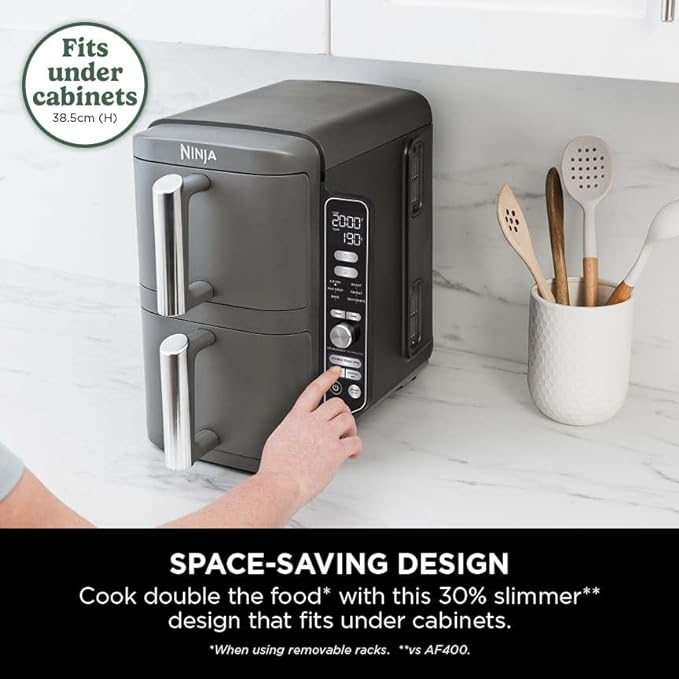 Ninja Double Stack XL Air Fryer, Vertical Dual Drawer AirFryer with 4 cooking levels, 2 Drawers and 2 Racks, Space Saving Design, 9.5L Capacity, 6 Cooking Functions, 8 Portions, GreySL400UK