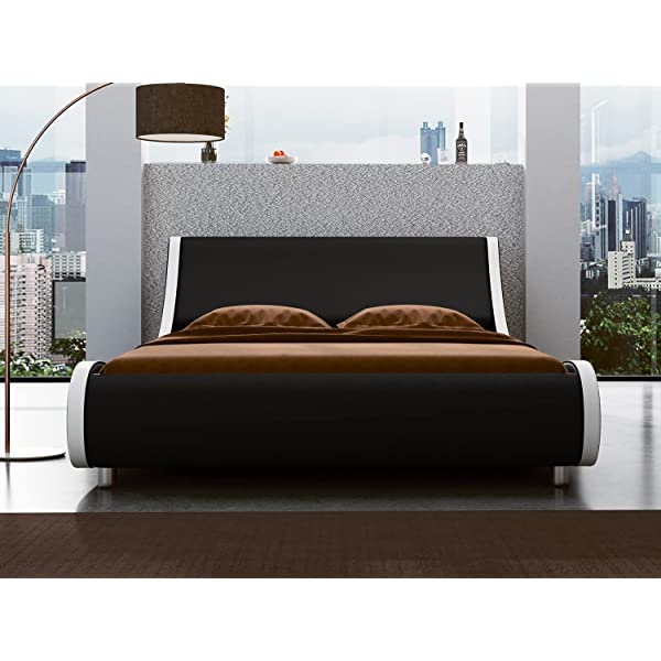 SHA CERLIN King Size Platform Bed, Faux Leather Low Profile Sleigh Bed Frame with Adjustable Headboard, Wood Slat Support, Black & White Black + White King