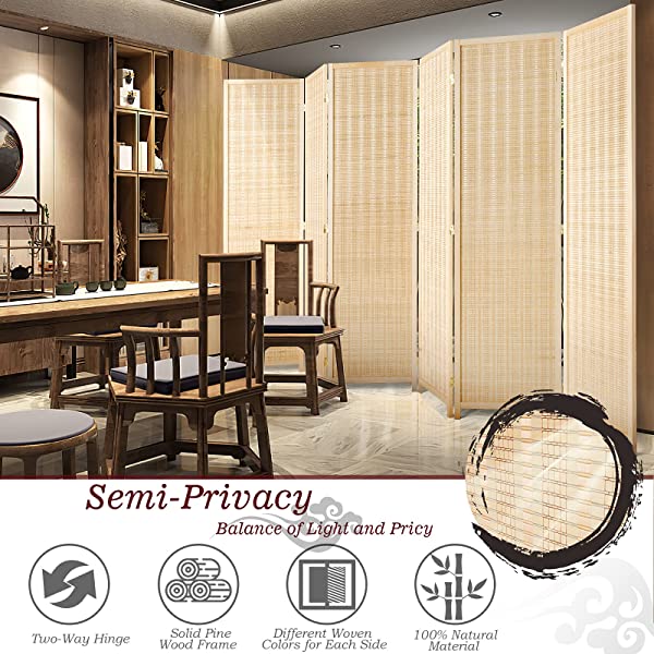 oneinmil Bamboo Room Divider, Semi-Private Folding Portable Partition Screen with Two-Way Hinge, Handmade Bamboo and Wood, 6 Panel