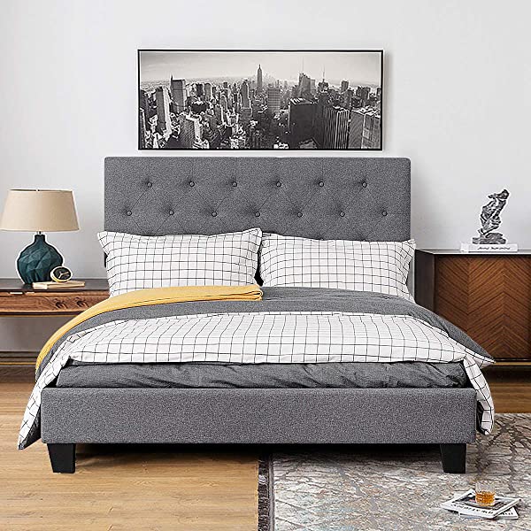Giantex Shalini Upholstered Panel Platform Bed, Diamond Stitched Linen Panel Headboard, Metal Frame & 12 Strong Wooden Slat Support, Easy Assembly, Bed Mattress Foundation (Queen)