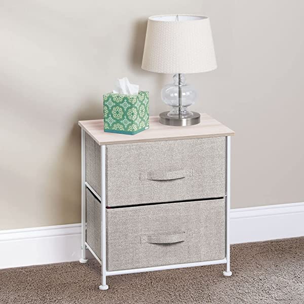 mDesign Storage Dresser End/Side Table Night Stand Furniture Unit - Small Standing Organizer for Bedroom, Office, Living Room, and Closet - 2 Drawer Removable Fabric Bins - Gray/White Grey
