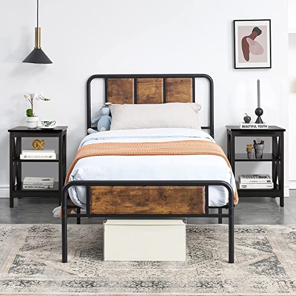 VECELO Modern Versatile Nightstands X-Design Side End Table Night Stand Storage Shelf with Bin Drawer for Living Room Bedroom, Brown+Black Brown+black Modern