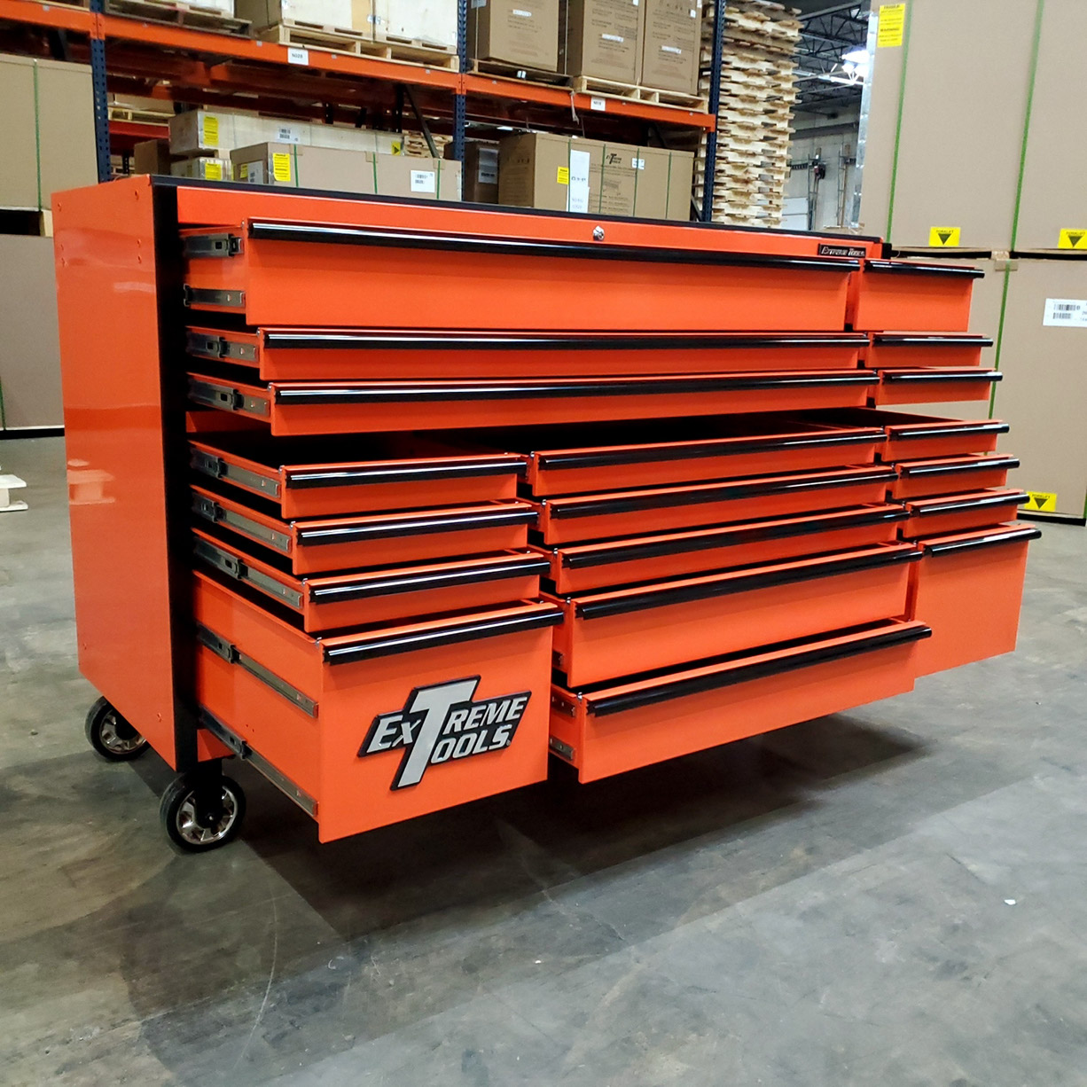 used toolboxScratch & Dent, Extreme Tools RX Series 72 19 Drawers 25 Deep Roller Cabinet, Orange, 150 lbs. Slides C Showroom Demo