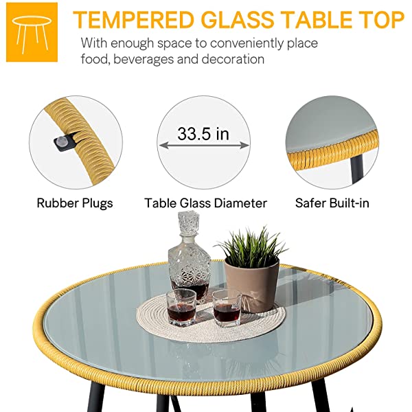 OC Orange-Casual 5 Pieces Patio Conversation Set, Outdoor Furniture Set, All-Weather Wicker Chairs with Round Glass Top Table and 4 Chairs, for Garden,Backyard, Indoor Outdoor Use, Yellow