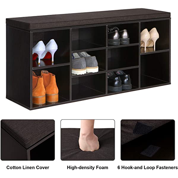 VASAGLE Cubbie Shoe Cabinet Storage Bench with Cushion, Adjustable Shelves, Holds up to 440lb, Rustic Brown ULHS10BX