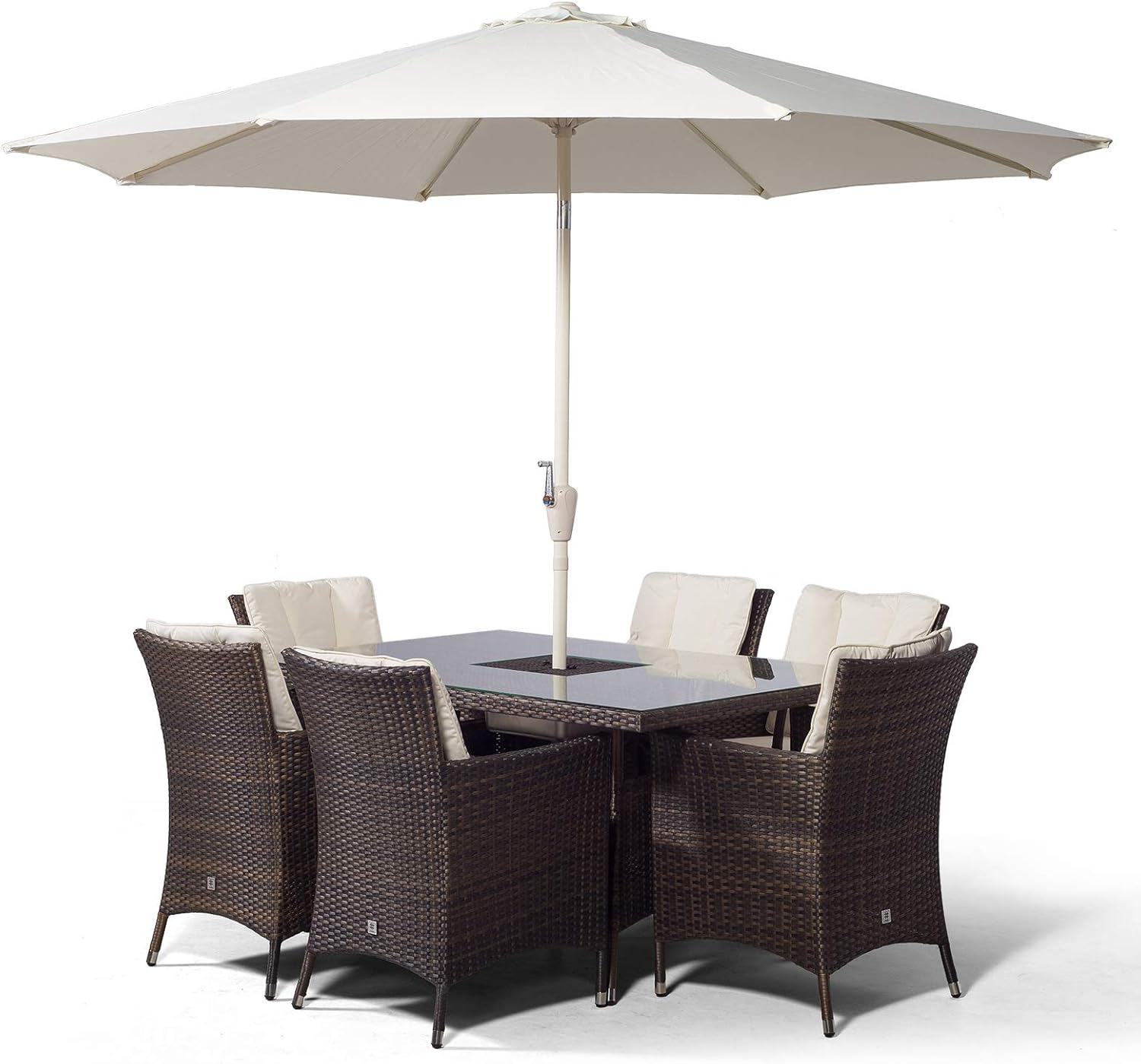 Savannah Rattan Dining Set | Rectangle 6 Seater Brown Rattan Table & Chairs Set with Ice Bucket Drinks Cooler | Outdoor Poly Rattan Garden Dining Furniture Set with Parasol & Cover