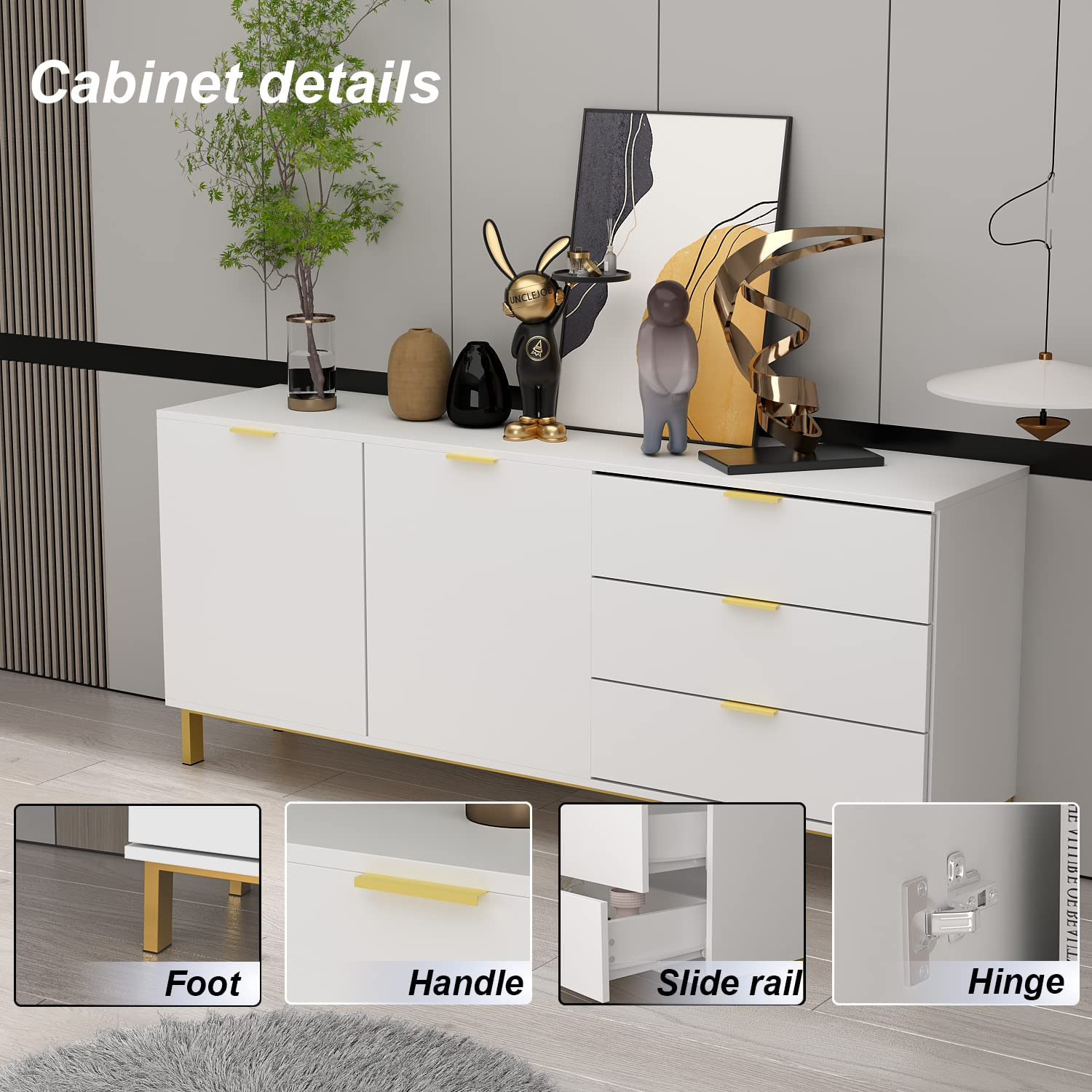 【Furniture】Buffet Sideboard with 3 Drawers & 2 Doors Storage, Buffet Cabinet Sideboard Credenza Coffee Bar Cabinet