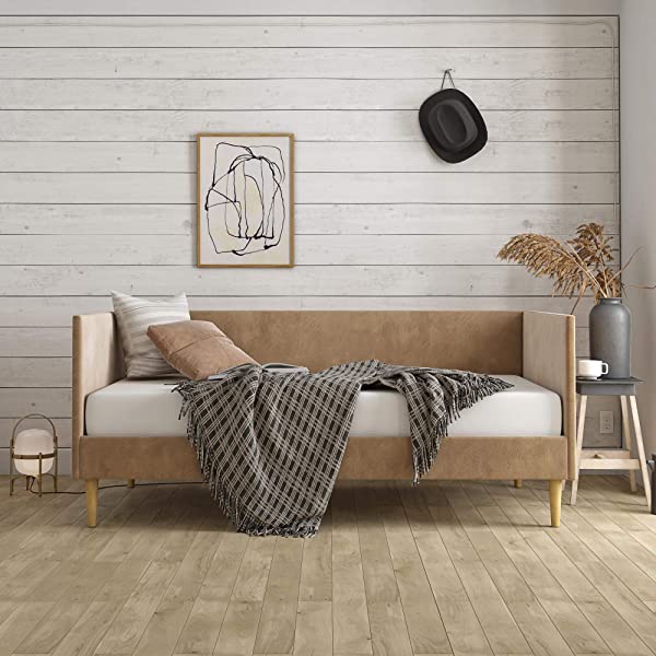 DHP Franklin Mid Century Upholstered Daybed, Sofa Bed, Twin Size Frame, Tan Linen Linen Twin Tan