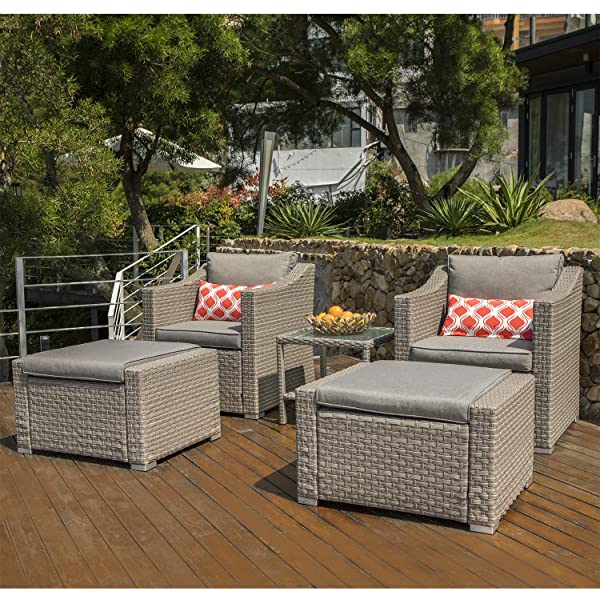 COSIEST 5-Piece Outdoor Furniture Lounge Set Warm Gray Wicker Sectional Sofa w Thick Cushions, Glass-Top Table, 2 Ottomans, 2 Teal Pattern Pillows for Garden, Pool, Backyard