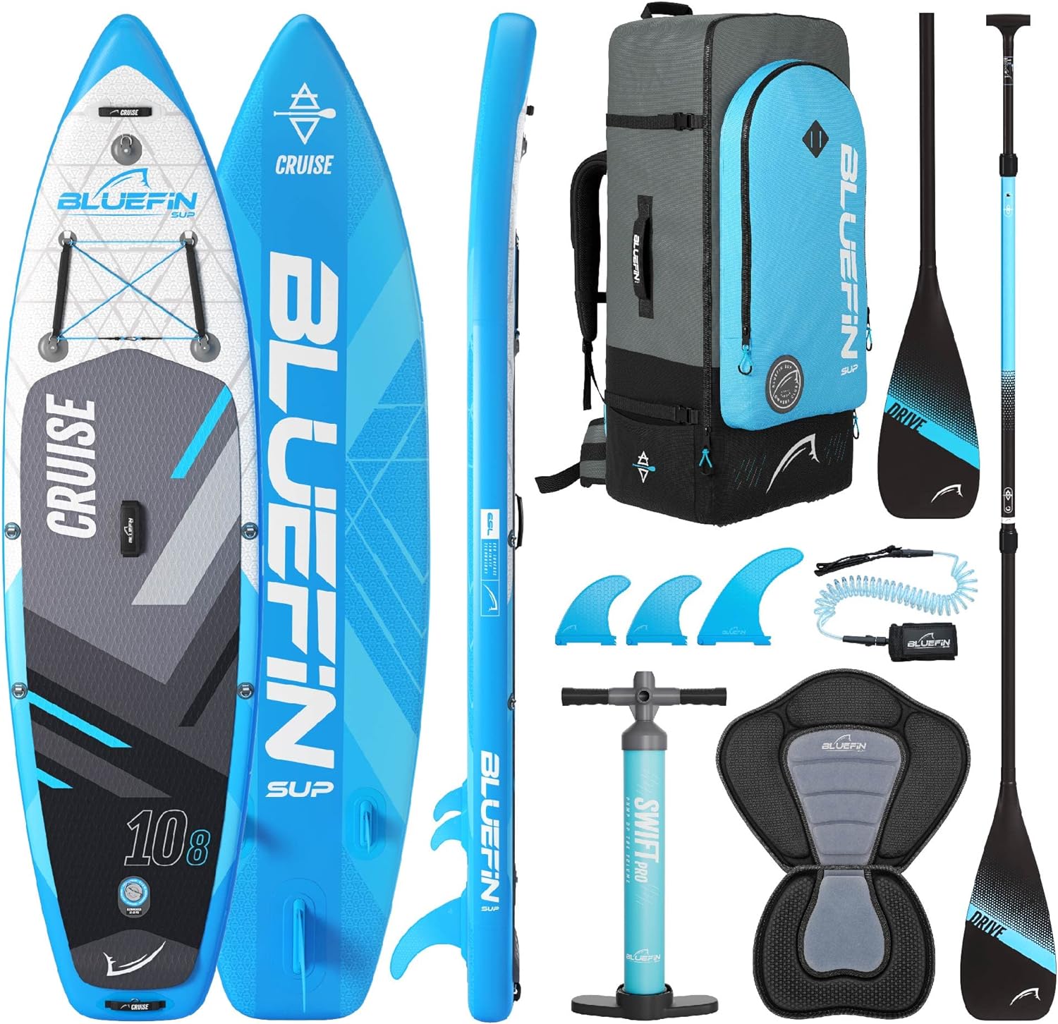 Bluefin Cruise SUP Inflatable Stand Up Paddle Board | Premium Paddleboard Accessories | Multiple sizes: Kids, 9'8, 10'4, 10’8, 12’, 15'