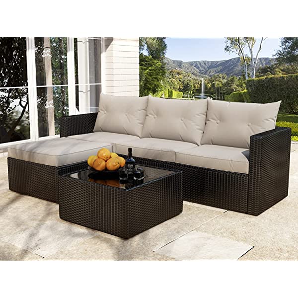 Allewie Dark Grey Patio Conversation Set, 3 Pieces PE Wicker Rattan Outdoor Furniture Set, Lounge Sofa and Loveseat with Cushions, Tempered Glass Coffee Table (Black & Dark Grey) Dark Grey & Black