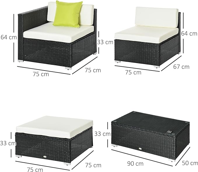 Outsunny 5 Pieces PE Rattan Garden Furniture Set with Cushions, Outdoor Corner Sofa, Patio Sectional Conversation Furniture Sets with Glass Top Coffee Table, Black