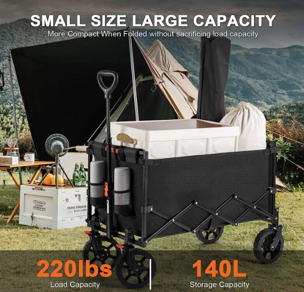 Foldable Practical Folding Four Wheel Vehicle Heavy Duty Foldable ATV Large Capacity Foldable Grocery Cart For Camping Garden Outdoor Fishing Black
