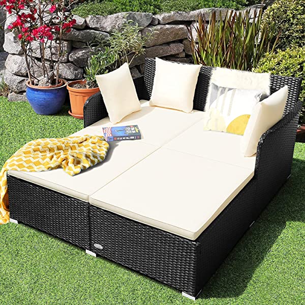 Salches Outdoor Rattan Daybed, Patio Loveseat Sofa Set w/Comfortable Cushions, Extra Pillows & Metal Foot, Sunbed Wicker Furniture for Yard/Poolside/Living Room/Garden/Porch (Red)