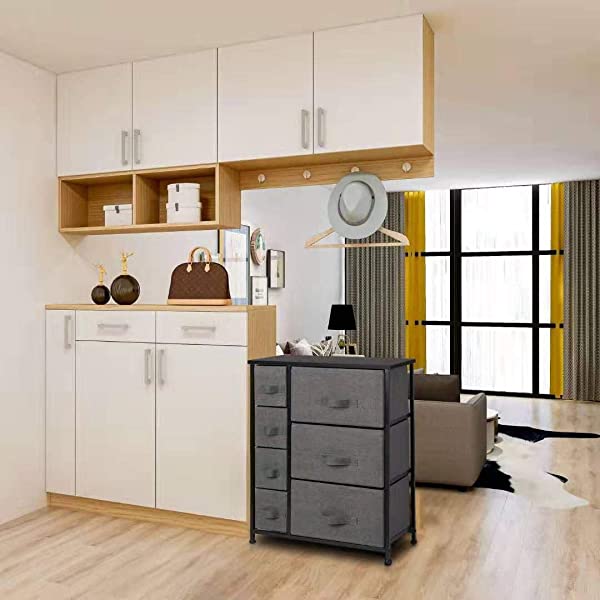 7 Drawers Dresser - Furniture Storage Tower Unit for Bedroom, Hallway, Closet, Office Organization - Steel Frame, Wood Top, Easy Pull Fabric Bins Gray/White Gray / White