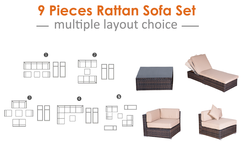 【Furniture】【BS】9 PCS Patio Outdoor Furniture Sets, Sectional Manual Weaving Wicker Conversation Sofa Set