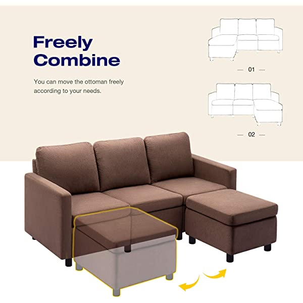 Flamaker Convertible Sectional Sofa L-Shaped Couch 3-seat Modern Fabric Reversible Sofa Couch for Living Room (Brown)