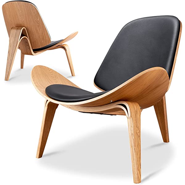 Rimdoc Three-Legged Shell Chair Mid Century Modern Lounge Chair with Black Leather Molded Plywood Accent Chair Reading Side Chair for Bedroom, Study, Office, Living Room (Black Walnut Wood)