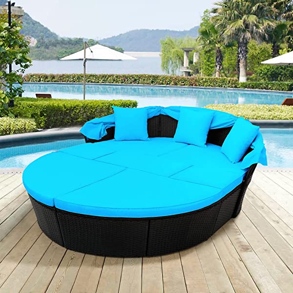 Merax All-Weather Outdoor Sectional Sofa Conversation Set Rattan Daybed Sunbed with Retractable Canopy, Separate Seating and Removable Blue Cushions Brown+blue